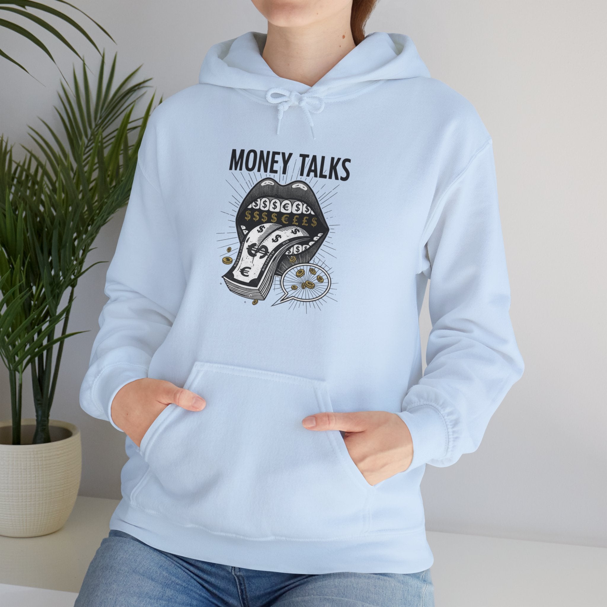 Money Talks Hoodie — Dollar-Sign Mouth Graphic Sweatshirt