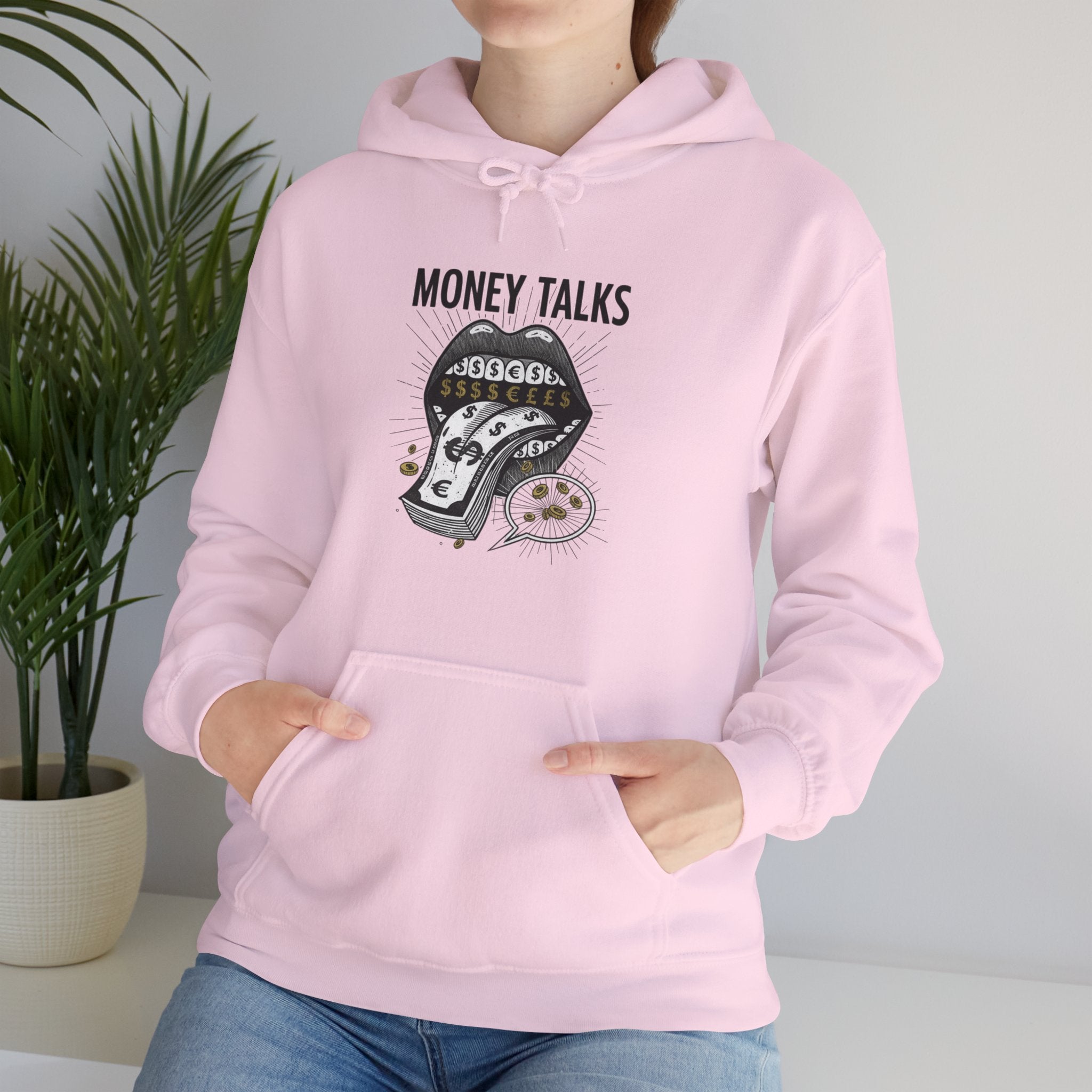 Money Talks Hoodie — Dollar-Sign Mouth Graphic Sweatshirt