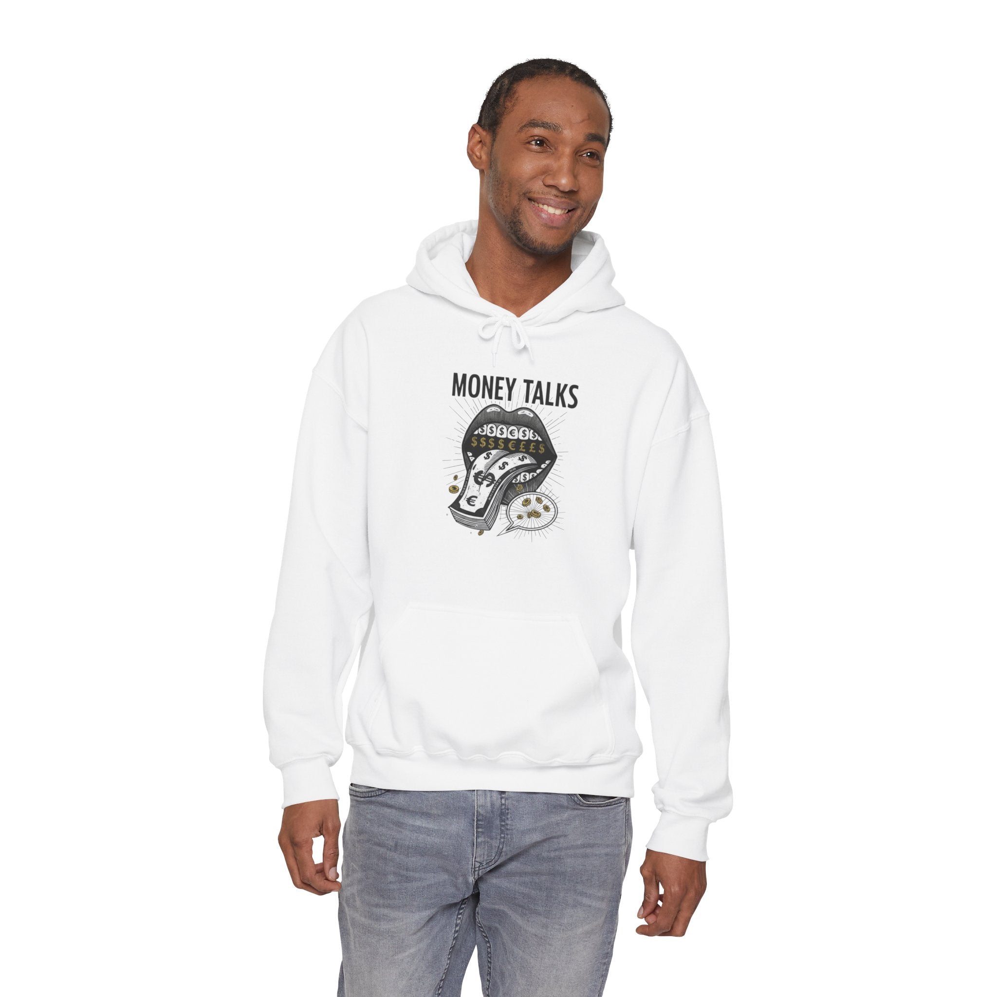 Money Talks Hoodie — Dollar-Sign Mouth Graphic Sweatshirt