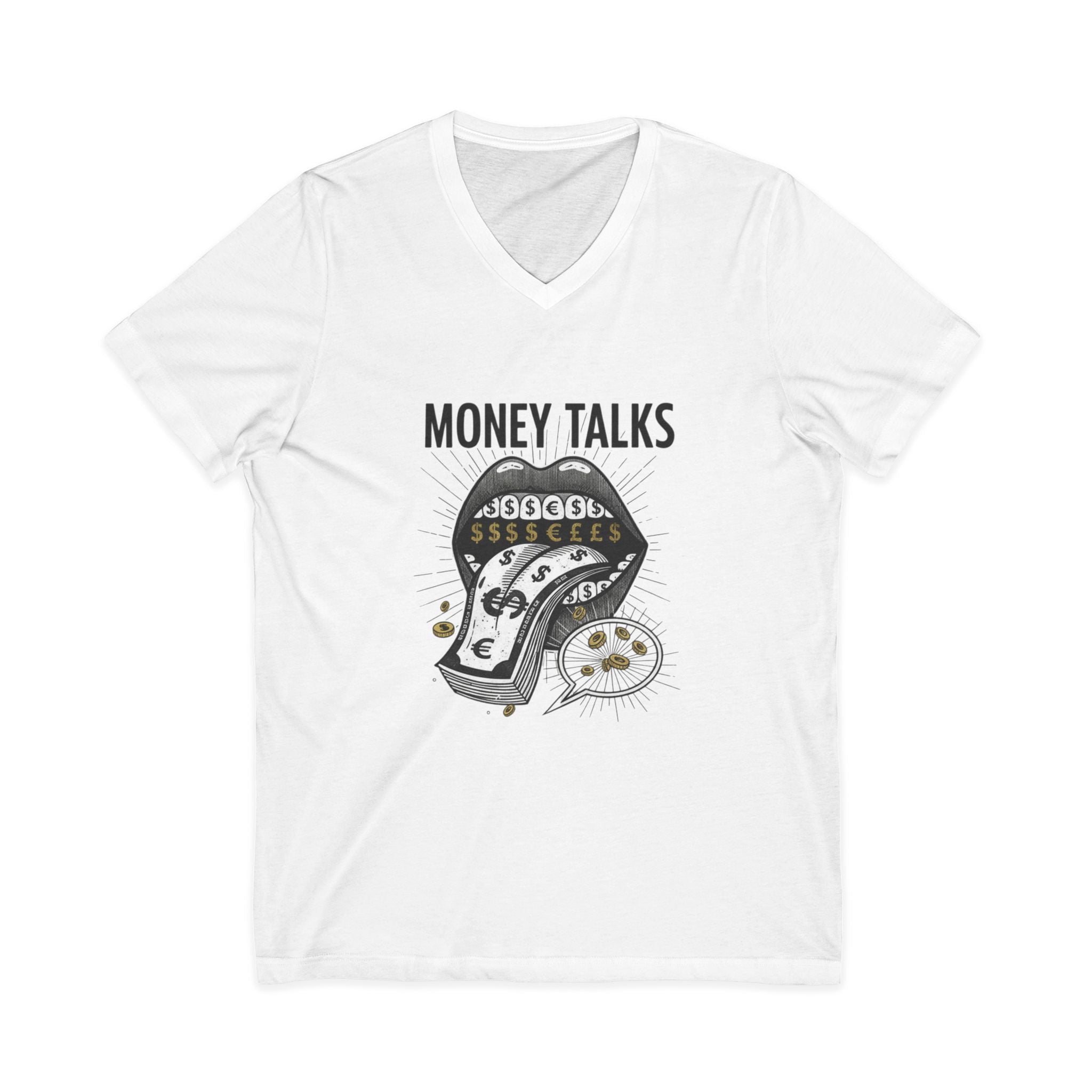 Money Talks V-Neck Tee — Dollar-Sign Mouth Graphic