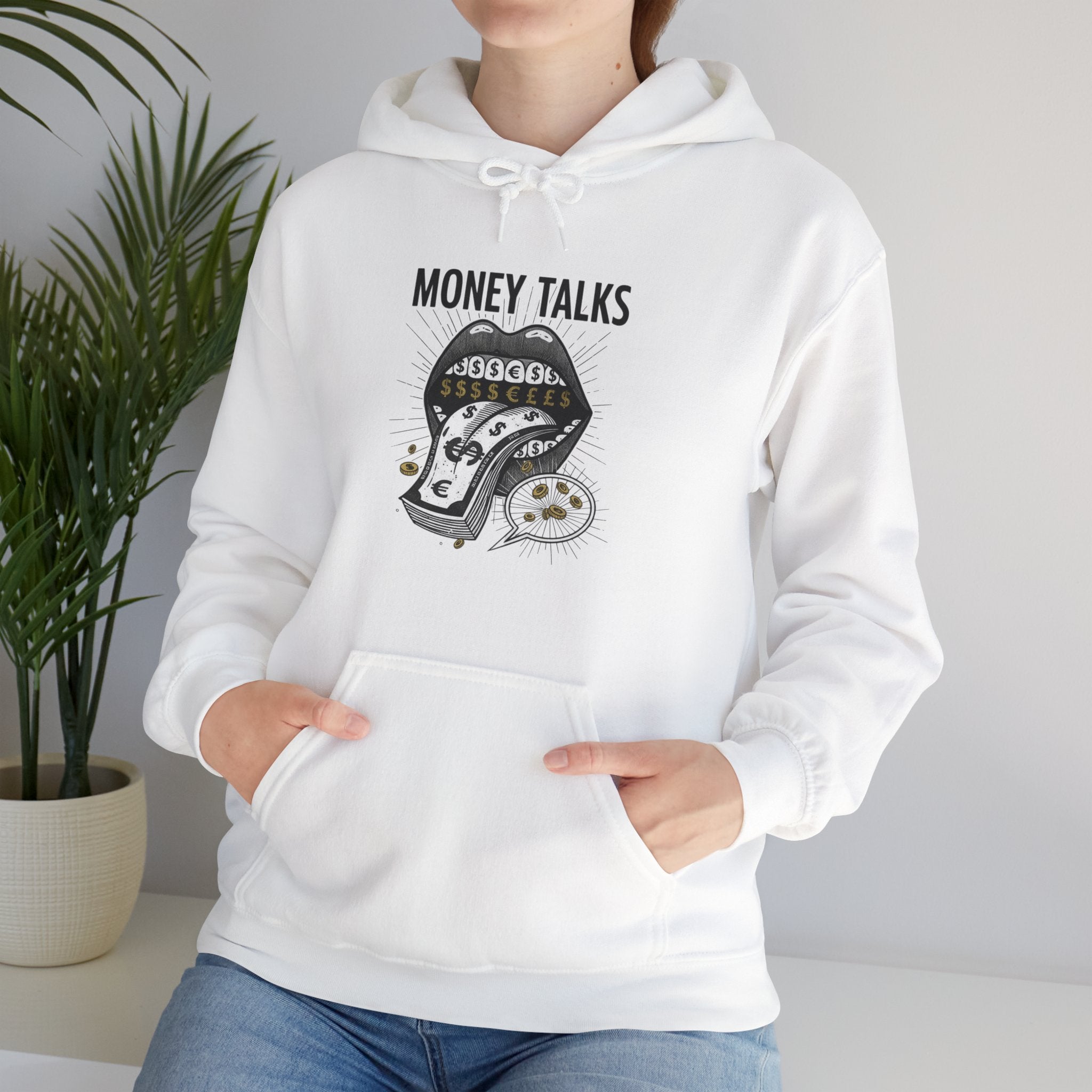 Money Talks Hoodie — Dollar-Sign Mouth Graphic Sweatshirt