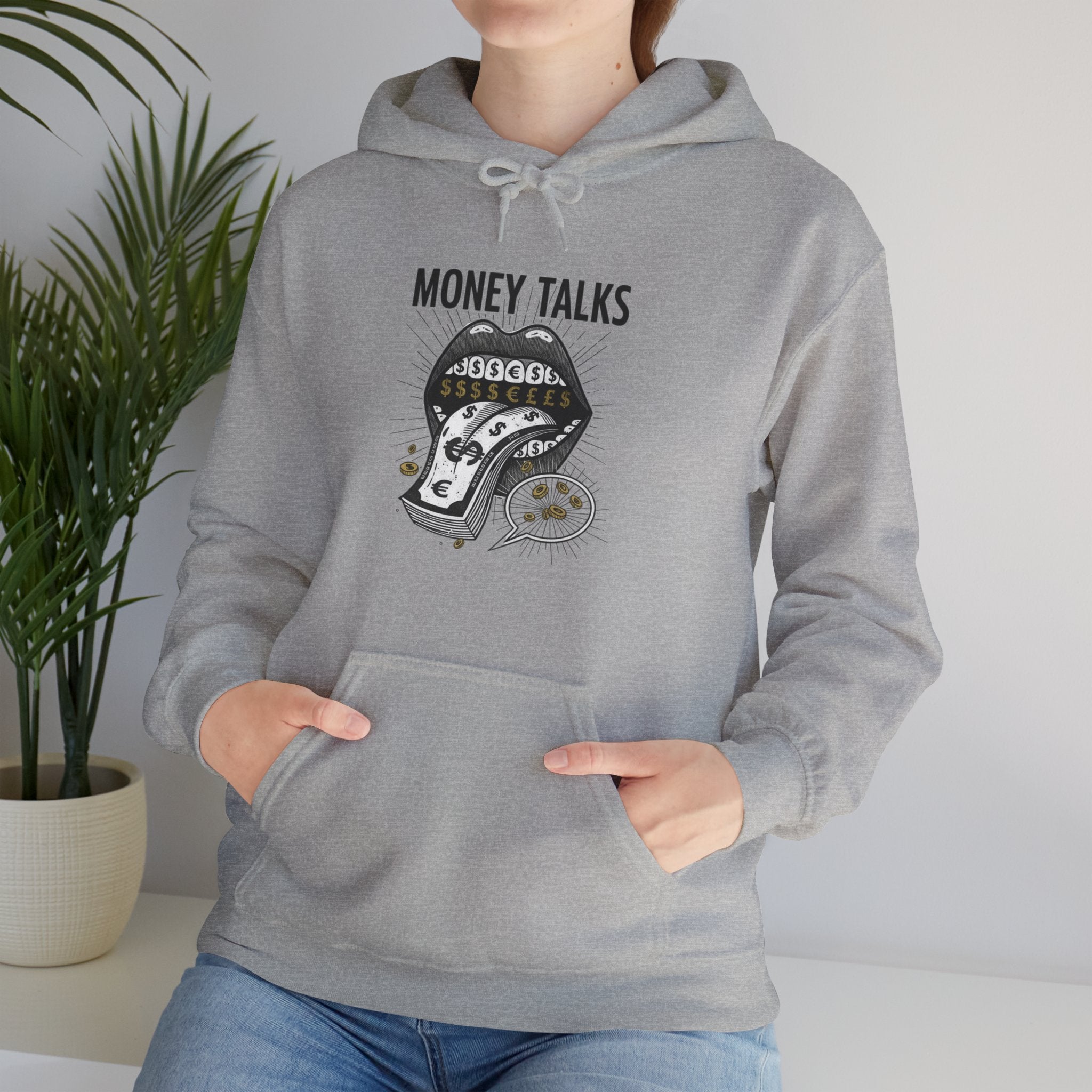 Money Talks Hoodie — Dollar-Sign Mouth Graphic Sweatshirt